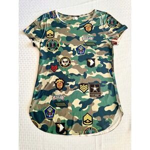 Cleo Apparel Womens Camo Military Graphic Patch Short Sleeve Top Green Large